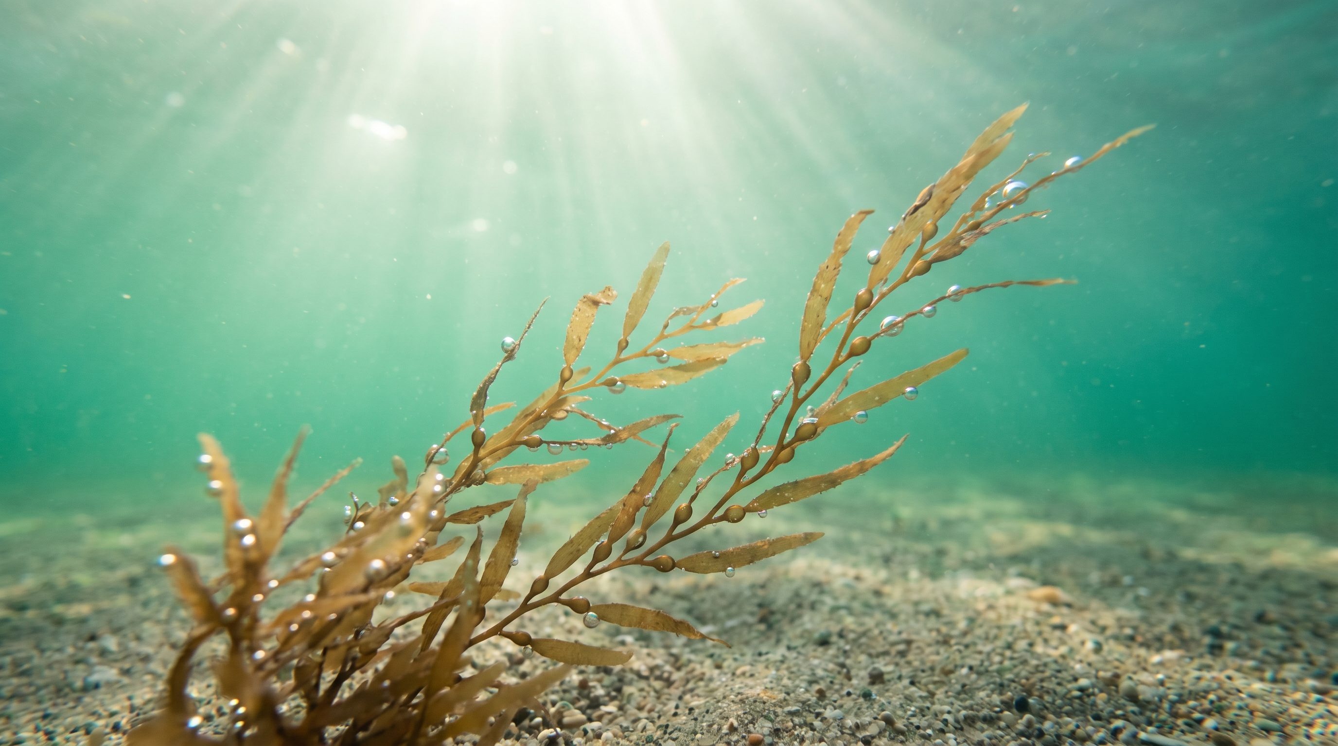 Underwater seaweed with sunlight rays — fucoidan source