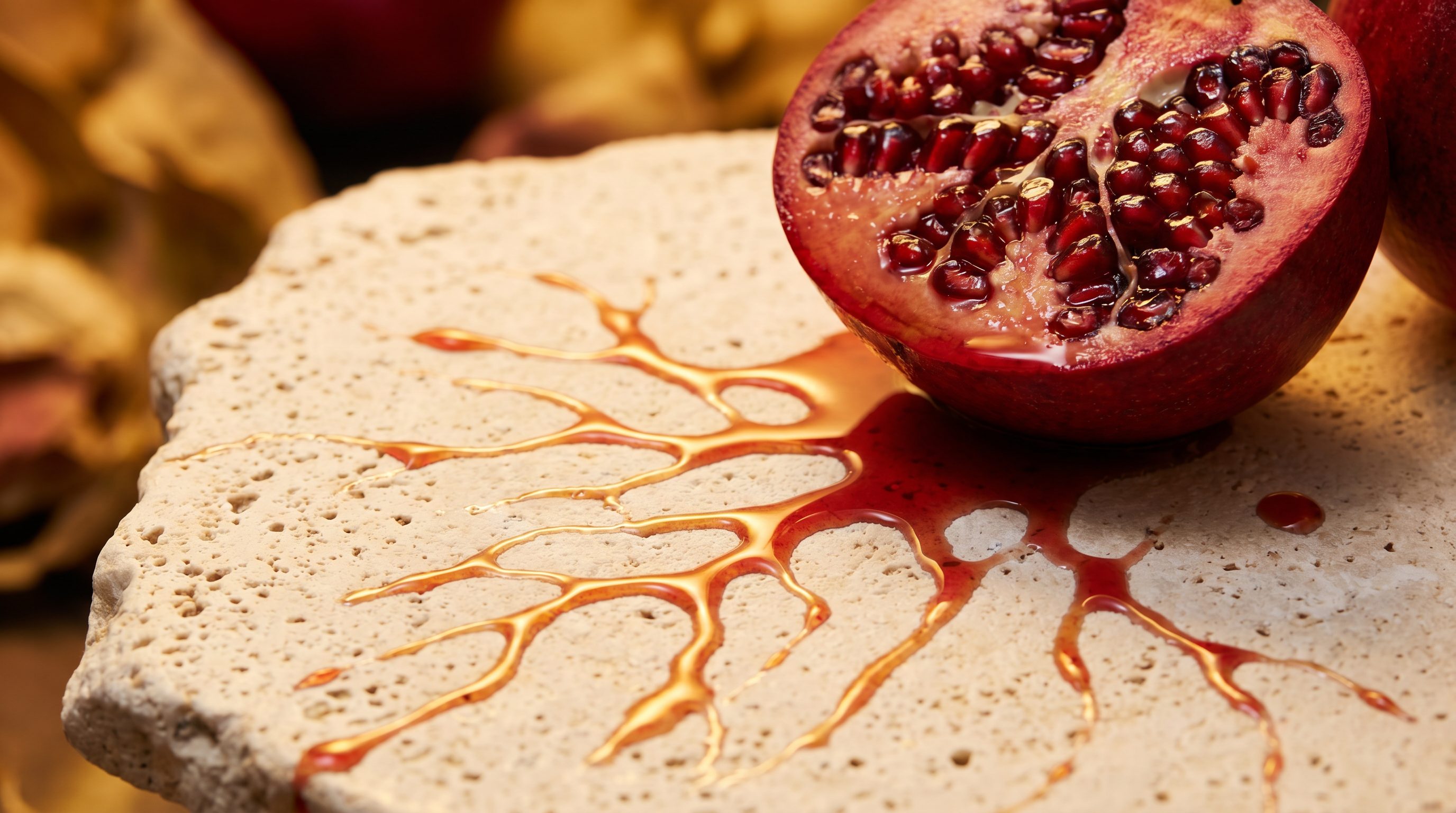 Pomegranate flowing like blood vessels on cream stone